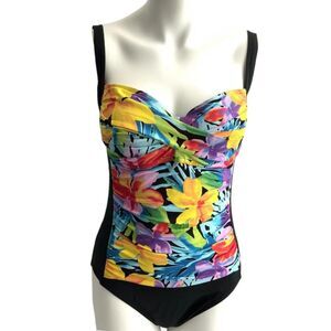 La Blanca One Piece Swimsuit Black & Floral Flattering Ruching 12
